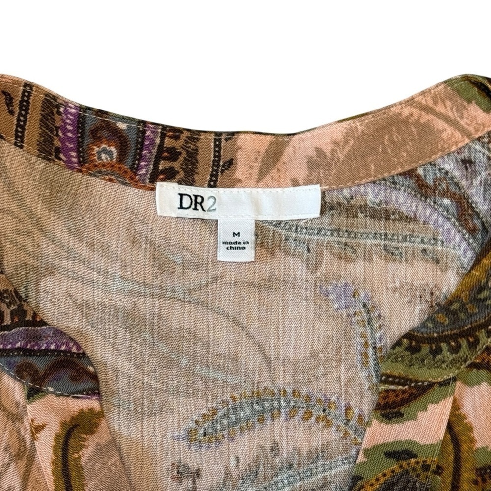 DR2 Paisley Print Button Front V-Neck Flutter Sleeve Top Pink Green Size M #1497 - Picture 5 of 6